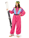 Combinaison de ski vintage pour femme rose fuchsia avec motifs bleus et violets