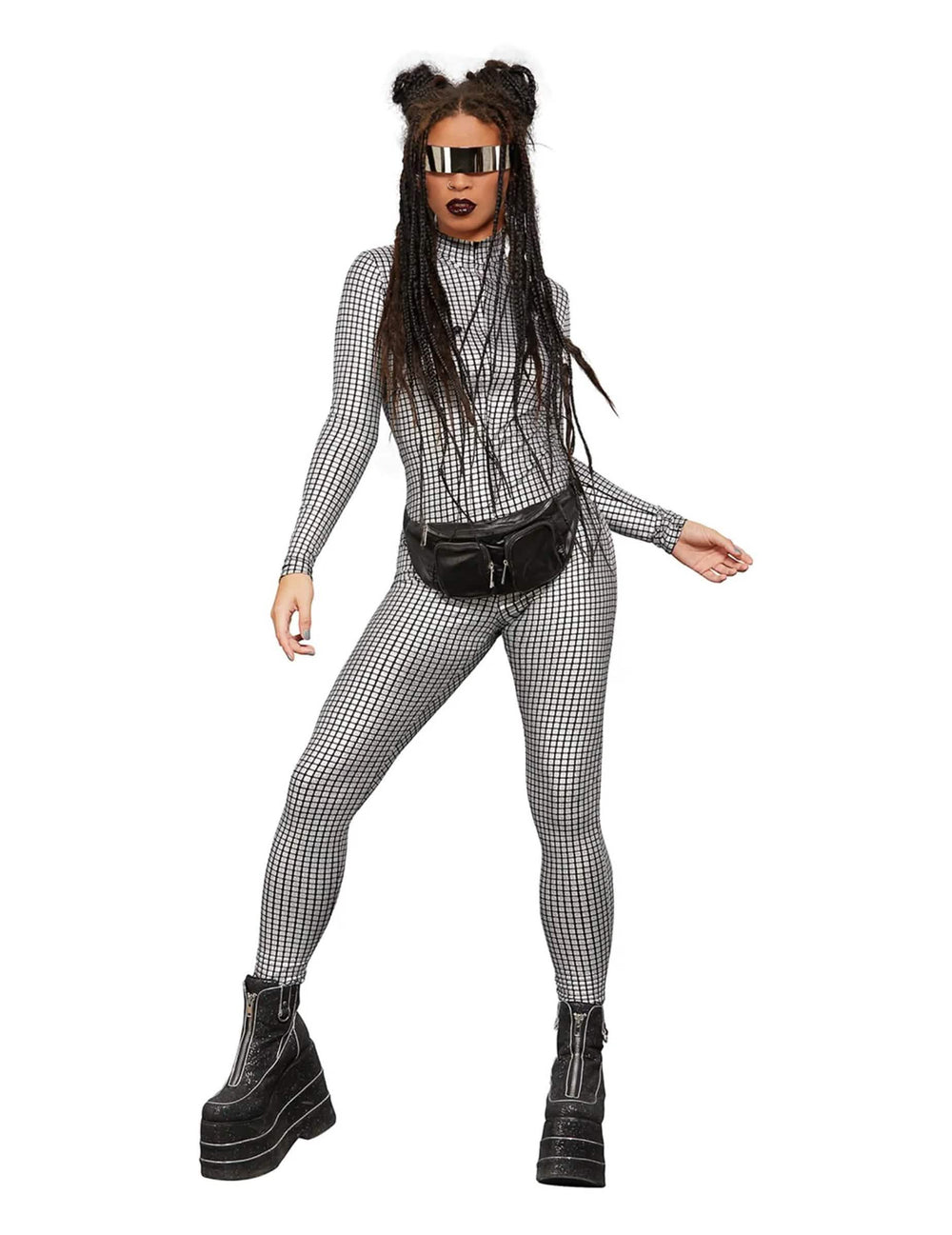 Combinaison holographique disco pour femme argentée à motifs carreaux
