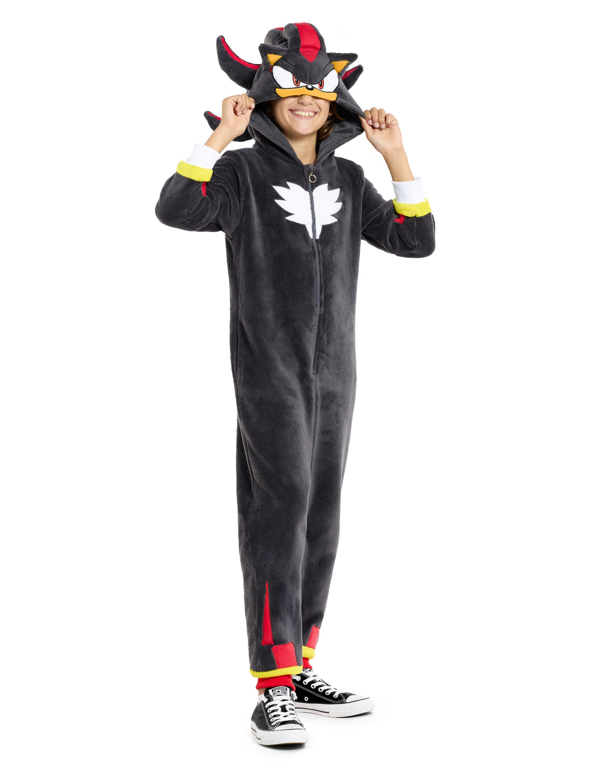 Combinaison Shadow Sonic™ pour enfant noire avec capuche à oreilles et piques rouges