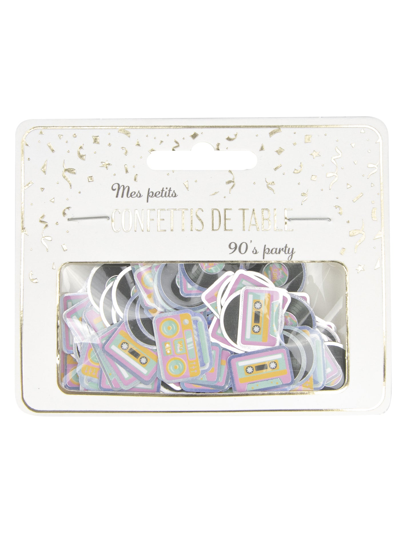Vue de l'emballage du confettis de table cassettes et vinyles années 90