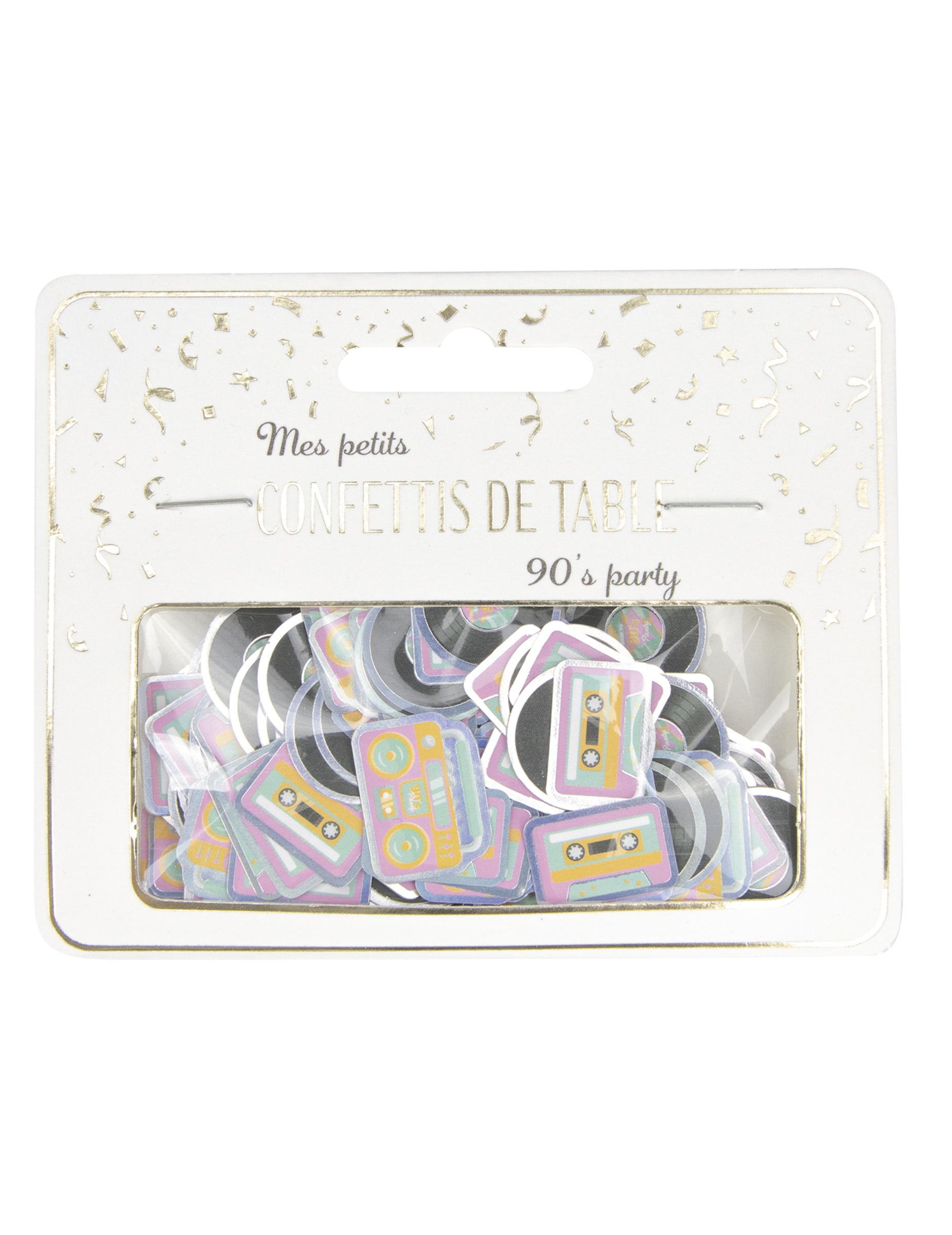 Vue de l'emballage du confettis de table cassettes et vinyles années 90