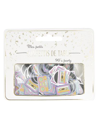 Vue de l'emballage du confettis de table cassettes et vinyles années 90