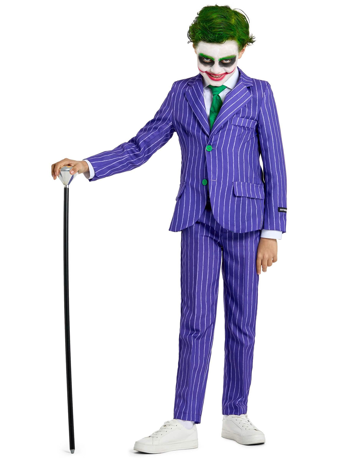 Mr. Joker -festivaaliasu lapsille violetti raidallinen vihreällä solmiolla