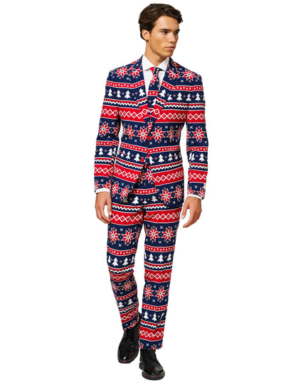 Costume Mr. Nordic Xmas pour homme bleu et rouge à motifs scandinaves