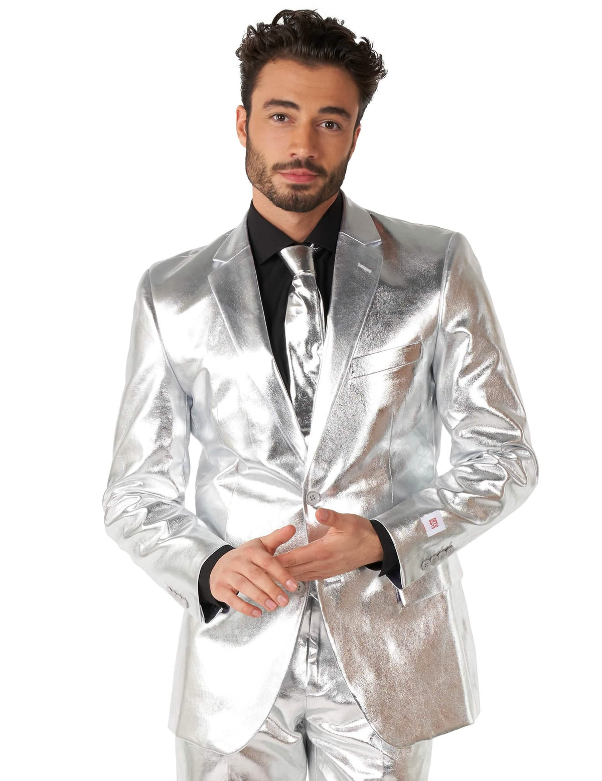 Gros plan sur la veste et la cravate du Costume Mr. Shiny Silver pour homme