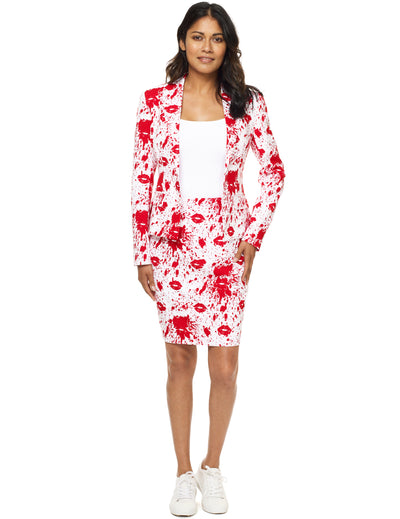 Costume Mrs. Ensanglantée pour femme blanc et rouge à motifs de sang et de baisers