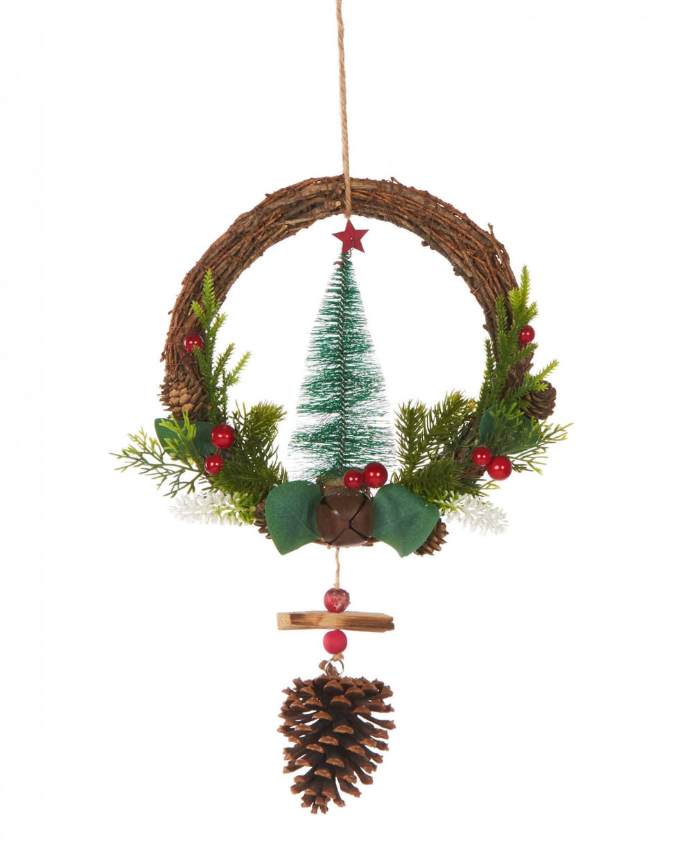 Couronne à suspendre sapin traditionnel et pommes de pin pour décoration de Noël vert marron et rouge