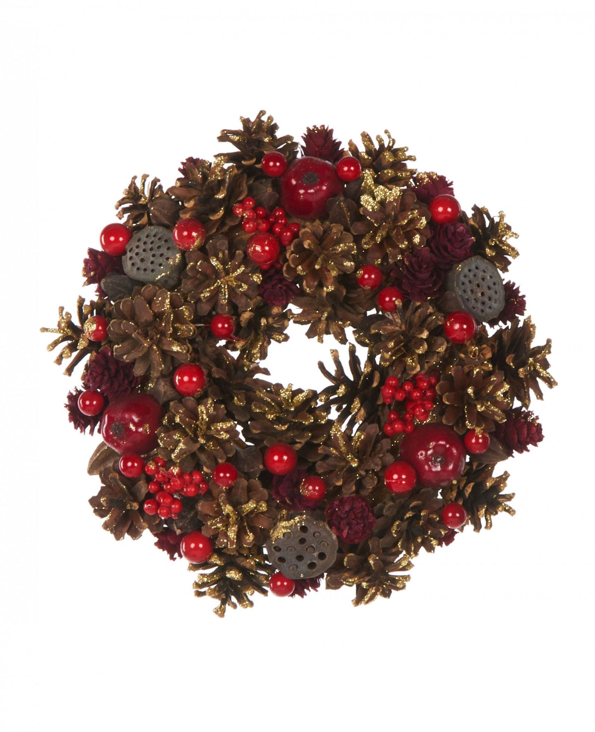 Couronne de noël baies rouges et pommes de pin pour décoration rouge et dorée