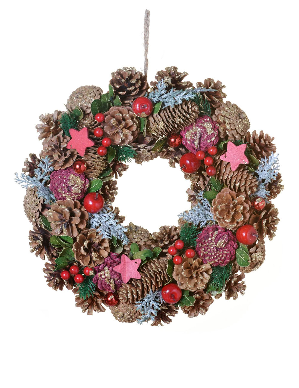 Couronne de Noël nature traditionnelle marron et rouge aux pommes de pin et étoiles