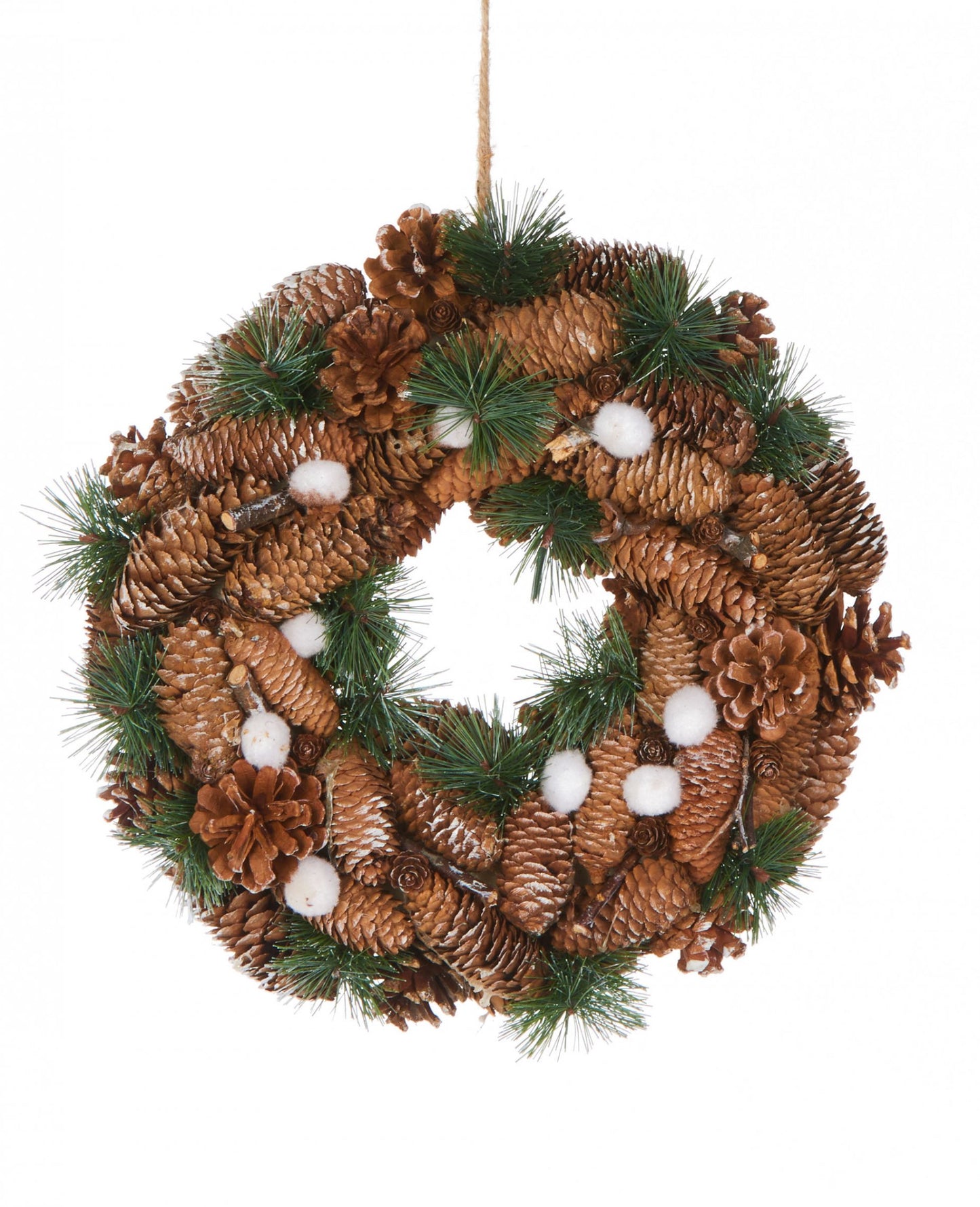 Couronne de pommes de pin naturelle et coton pour décoration marron et blanc