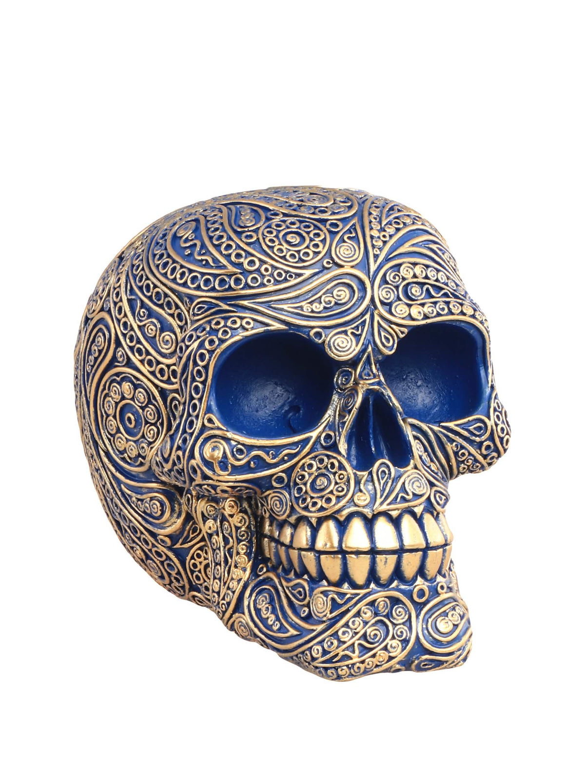 Crâne baroque pour décoration bleu et doré en résine