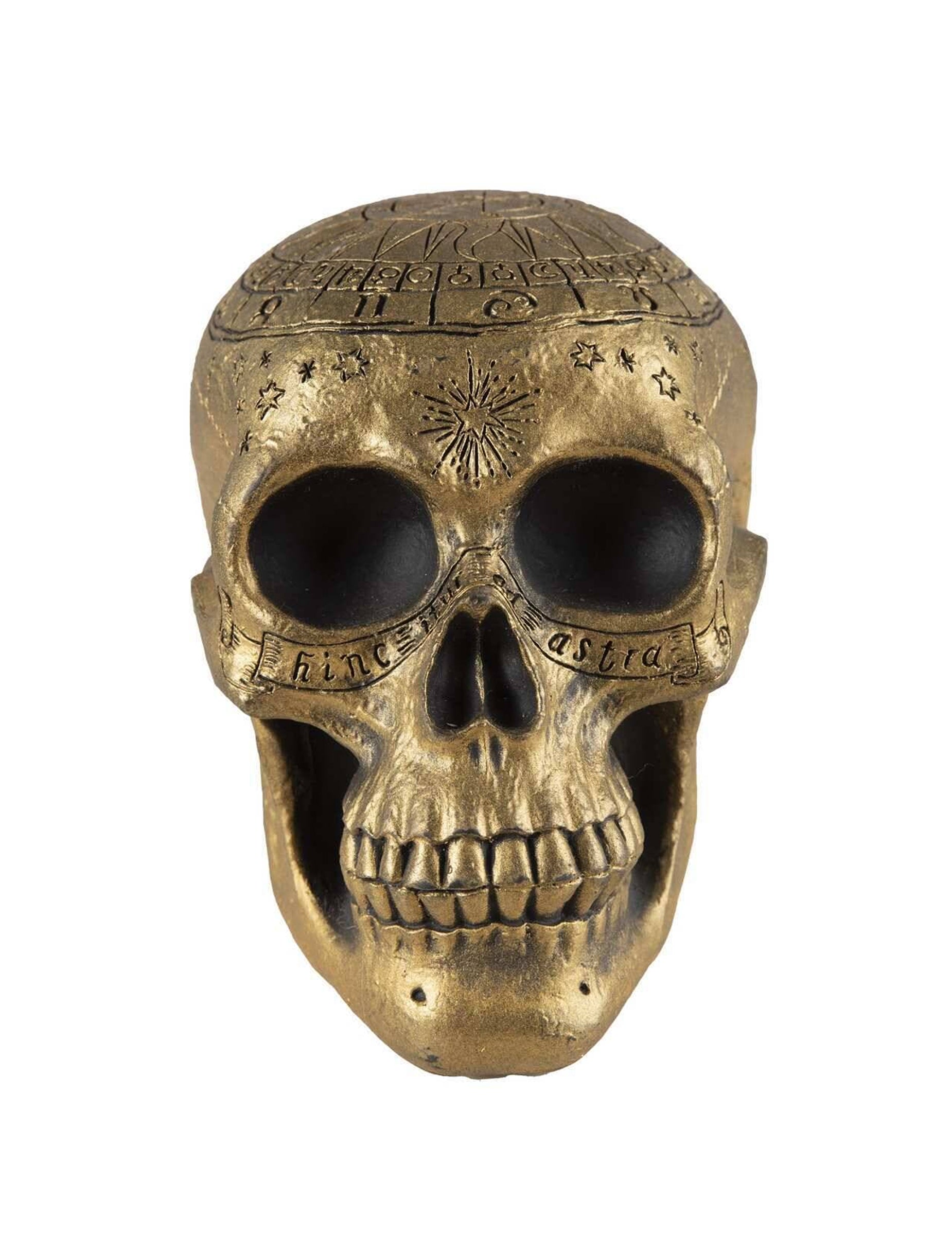 Vue de face du crâne de squelette avec pentagramme doré