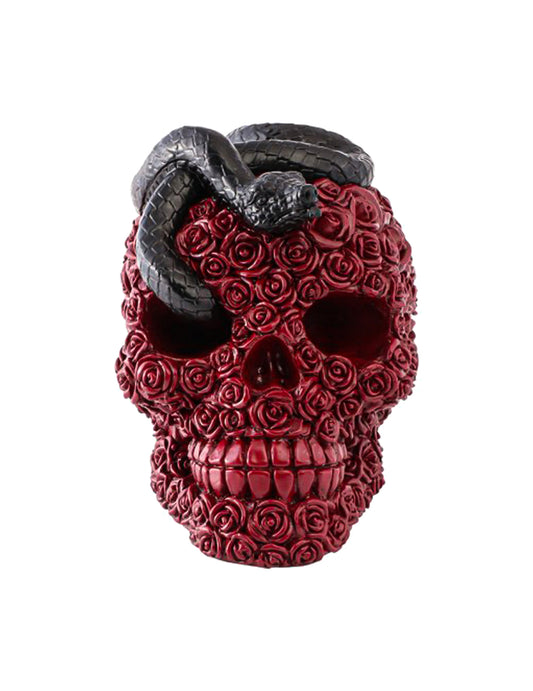 Hartsimateriaalista valmistettu pääkallo punaisilla ruusuilla ja mustalla käärmeellä 10,5 x 15 x 13 cm