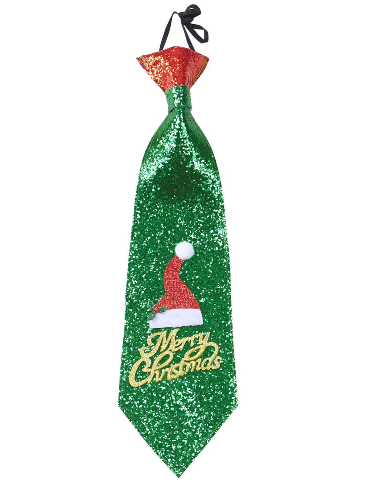 Cravate Merry Christmas pour adulte verte à paillettes avec bonnet de Noël