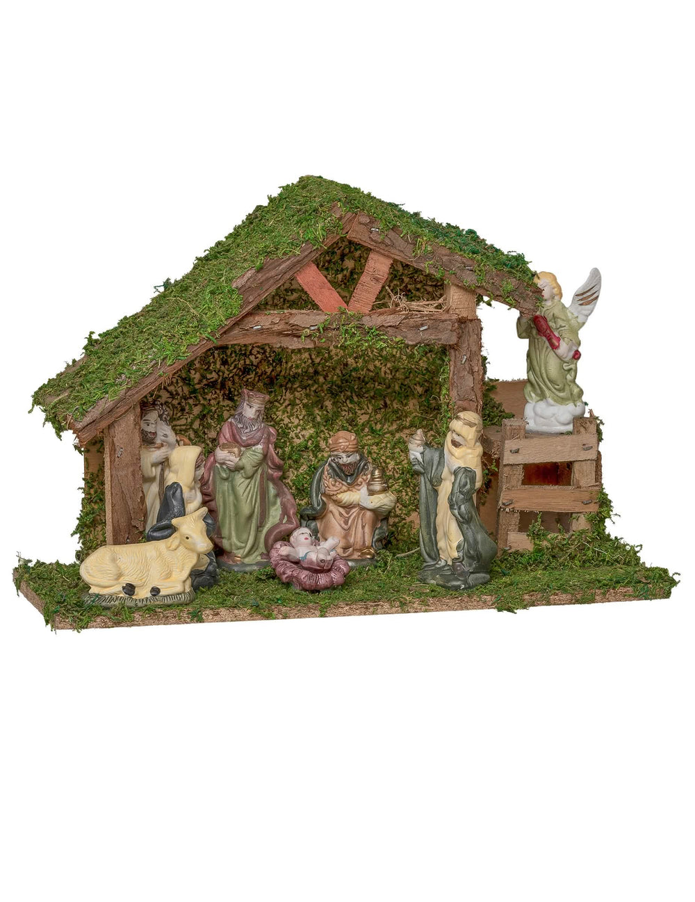 Crèche naturelle 8 santons pour décoration bois et mousse verte