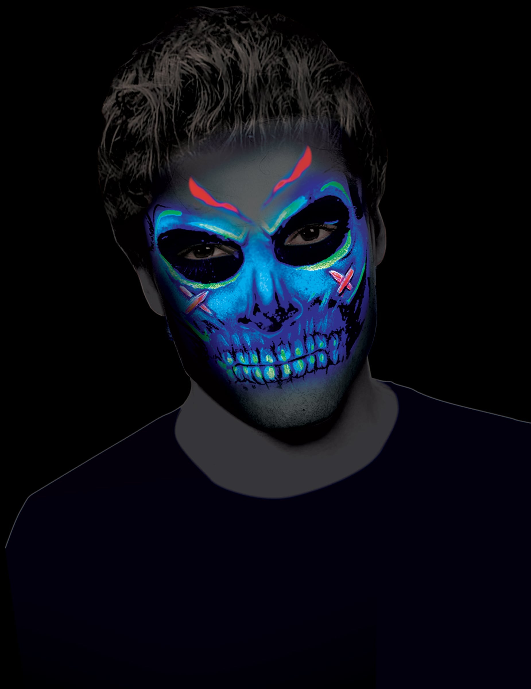 Détail du maquillage tête de mort de la crème de maquillage néon pour adulte bleu réactif aux UV