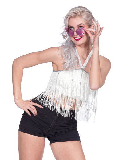 Valkoinen hapsullinen crop-top festivaaleille naisille