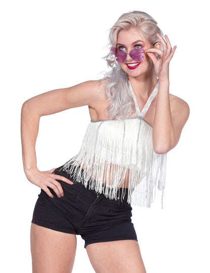 Valkoinen hapsullinen crop-top festivaaleille naisille