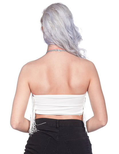 Valkoinen hapsullinen crop-top festivaaleille naisille