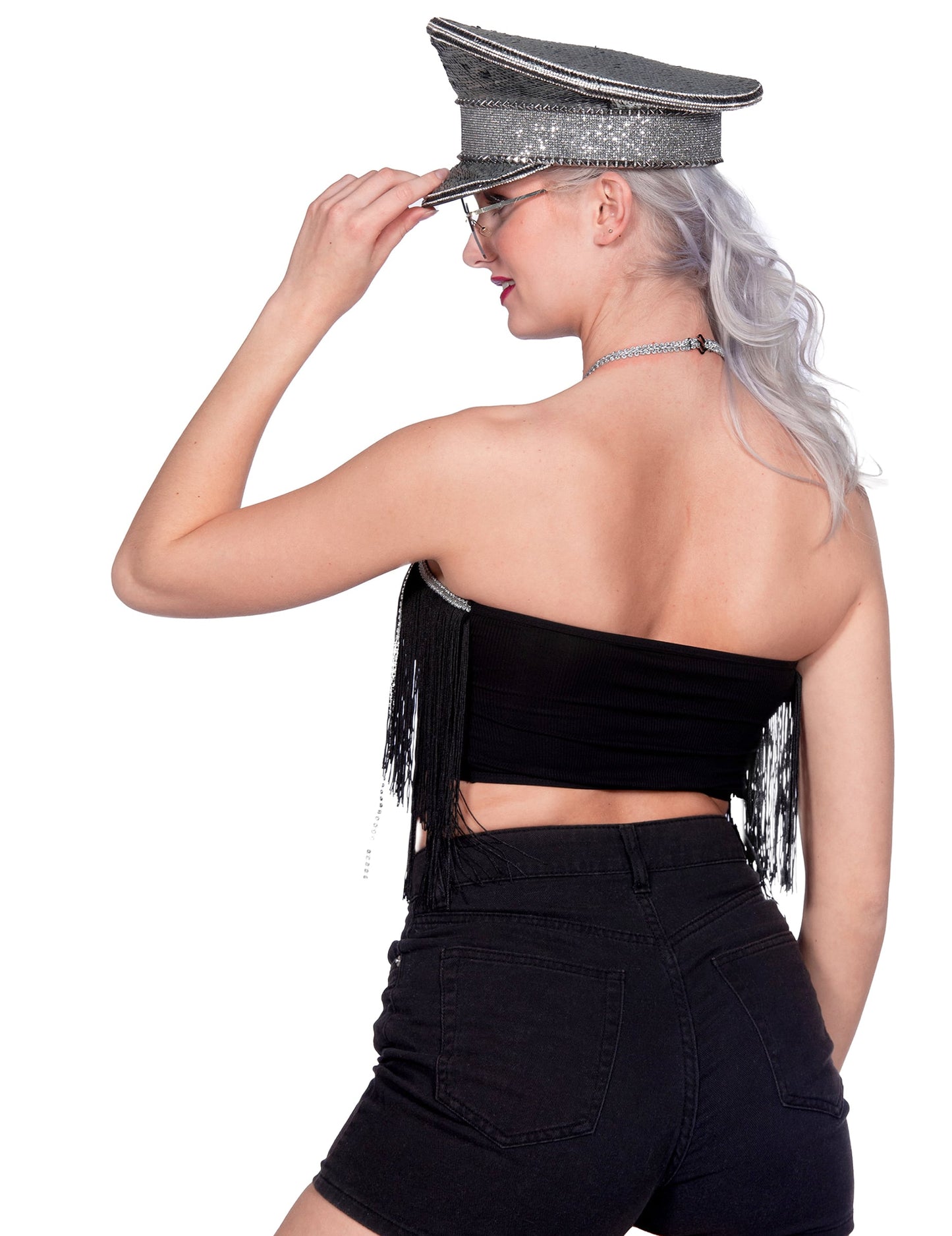 Crop-top festival à franges noir femme
