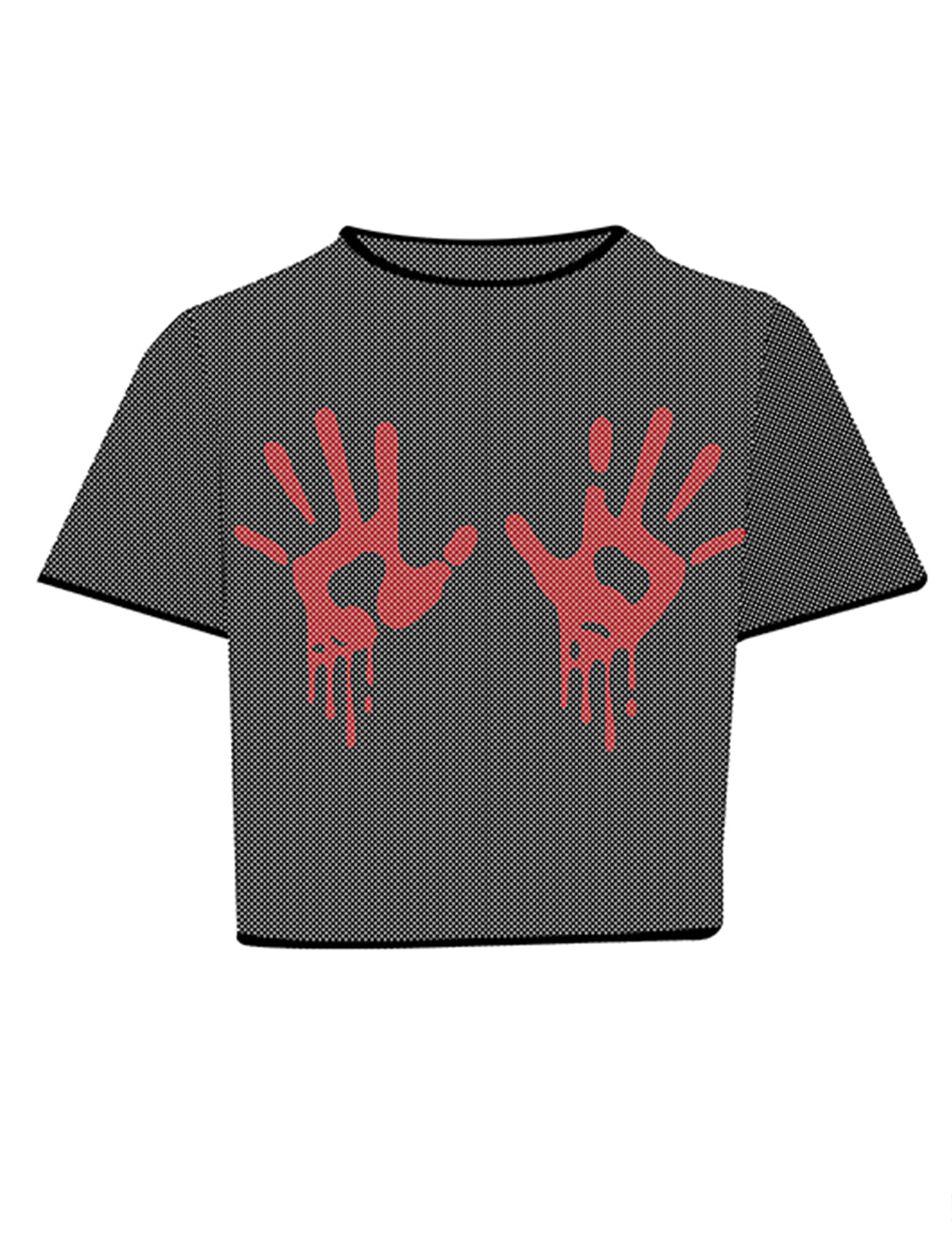 Musta verkkokankainen crop top verisillä käsillä aikuinen