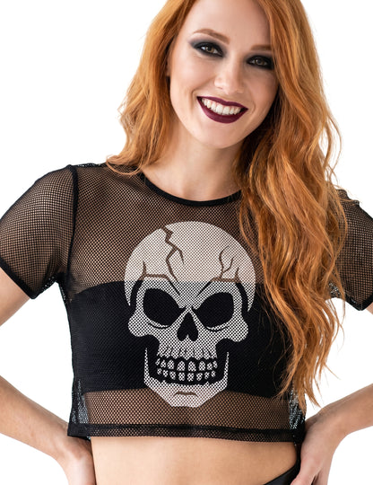 Musta verkkokankainen crop top pääkallolla aikuinen
