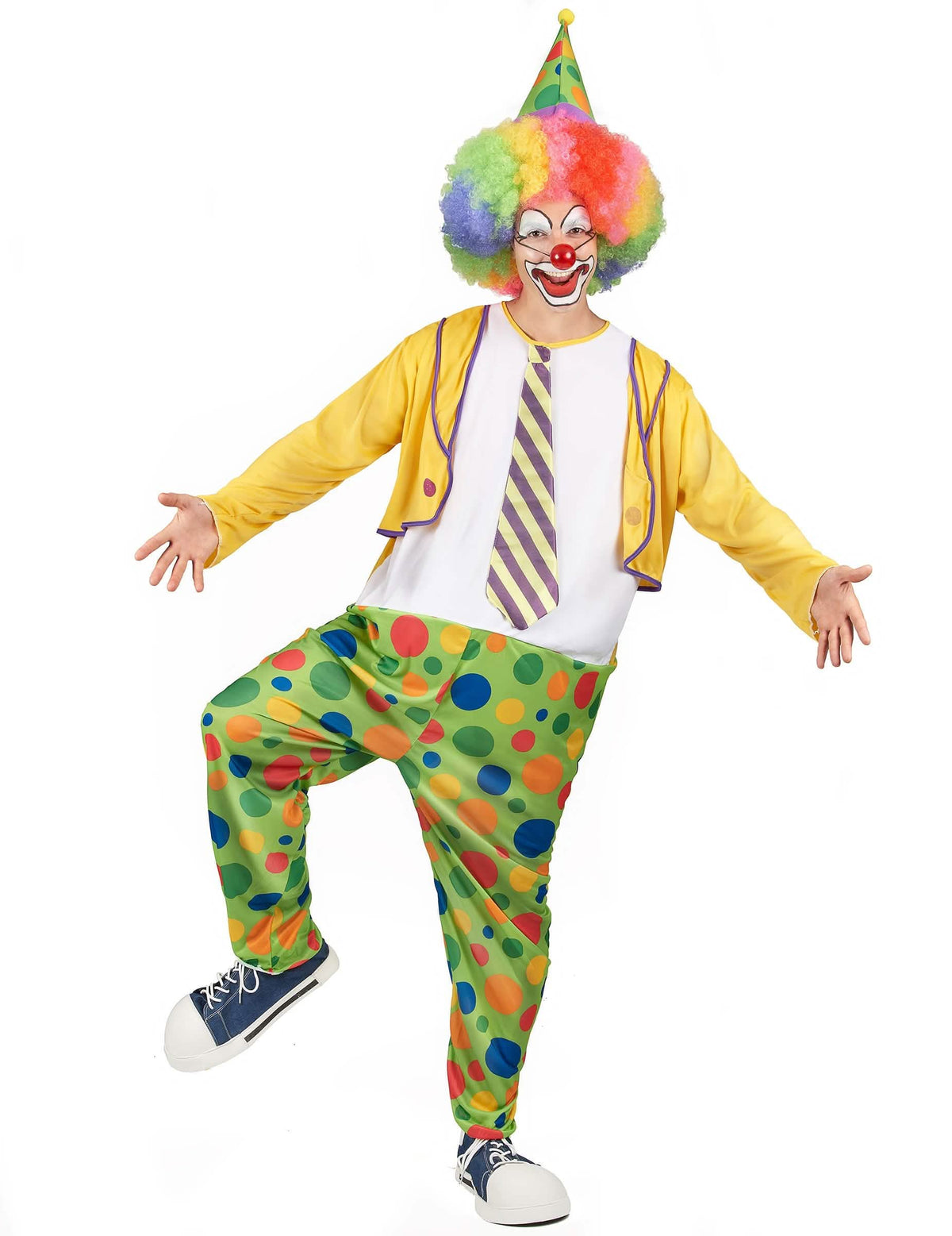 Déguisement clown festif pour homme multicolore avec pantalon à pois et veste jaune