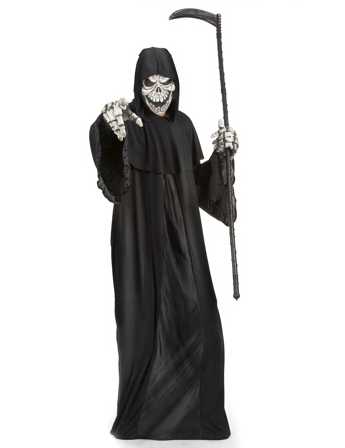 Déguisement de faucheuse pour homme noir avec masque de squelette et faux