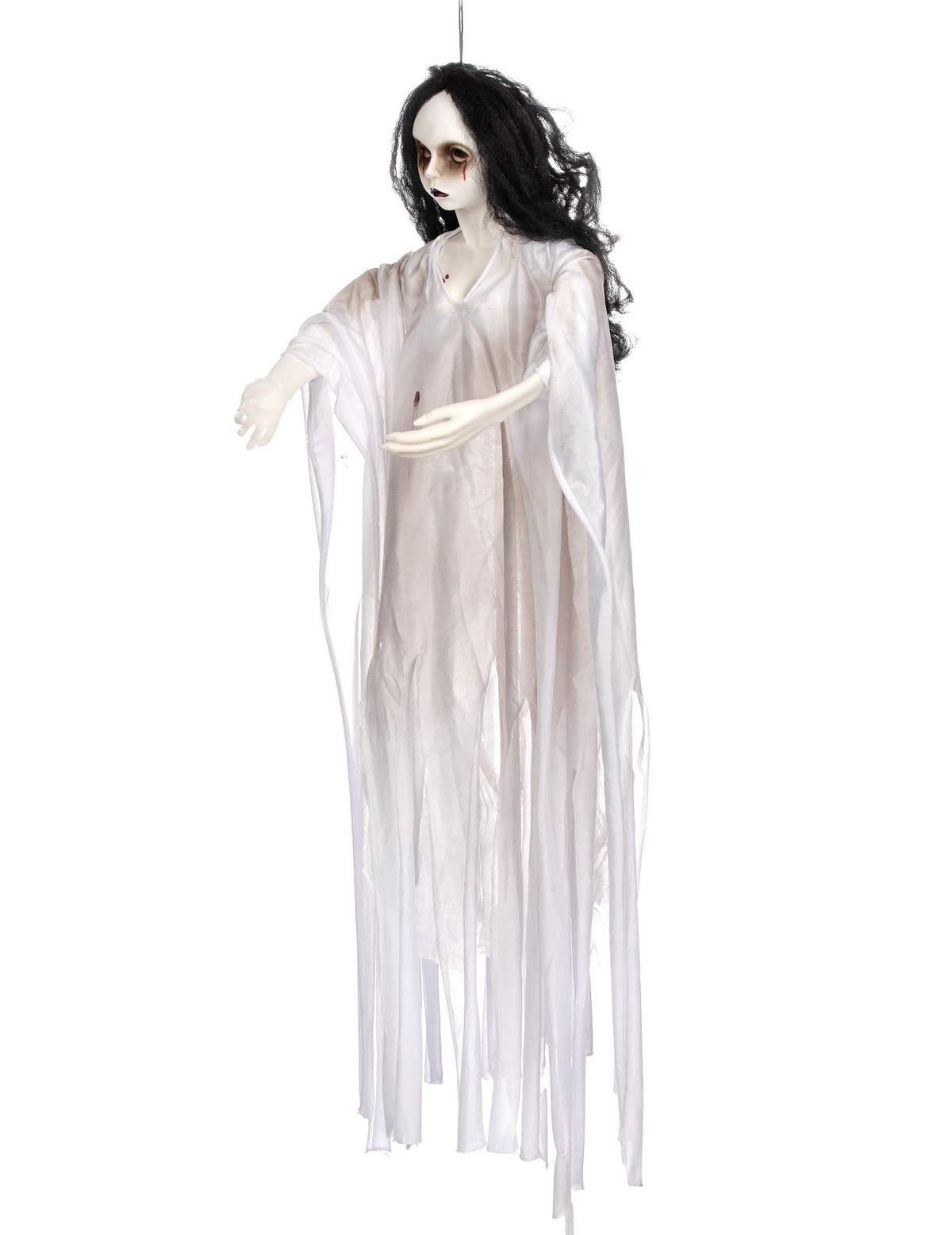 Sivulta näkyvä näkymä valkoisesta lady koristelusta ripustettavaksi halloweenia varten