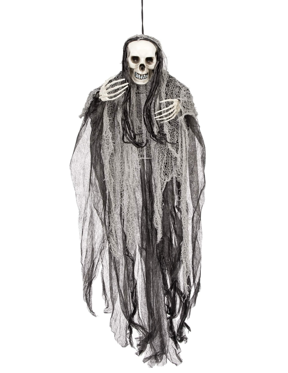 Décoration à suspendre faucheuse Halloween noir et gris avec longs voiles et cheveux