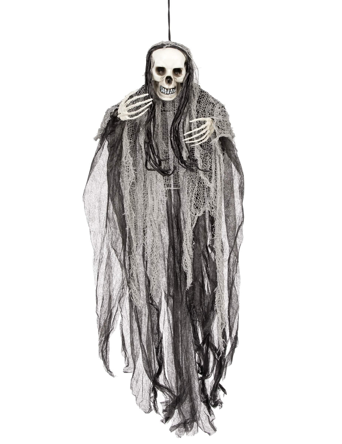 Décoration à suspendre faucheuse Halloween noir et gris avec longs voiles et cheveux