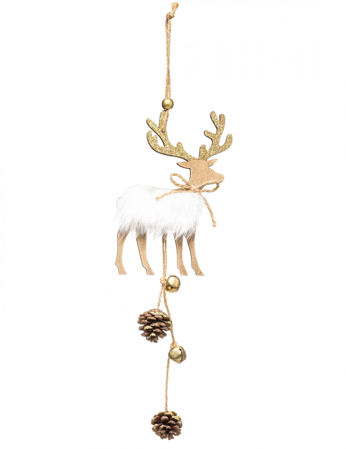 Décoration à suspendre en bois renne pour Noël blanc et doré avec fourrure