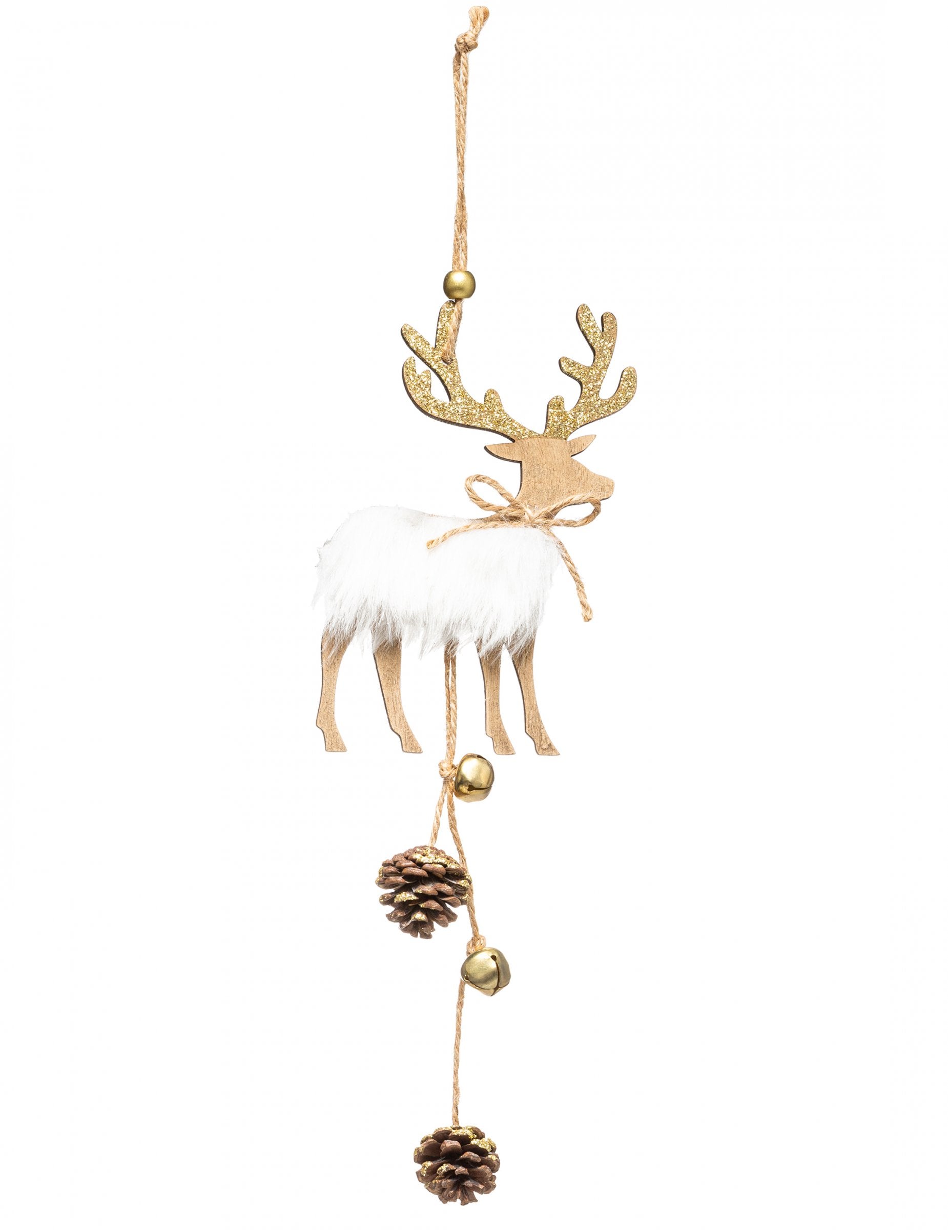Décoration à suspendre en bois renne pour Noël blanc et doré avec fourrure