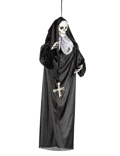 Décoration à suspendre nonne pour Halloween noire avec tête de squelette et croix d'os