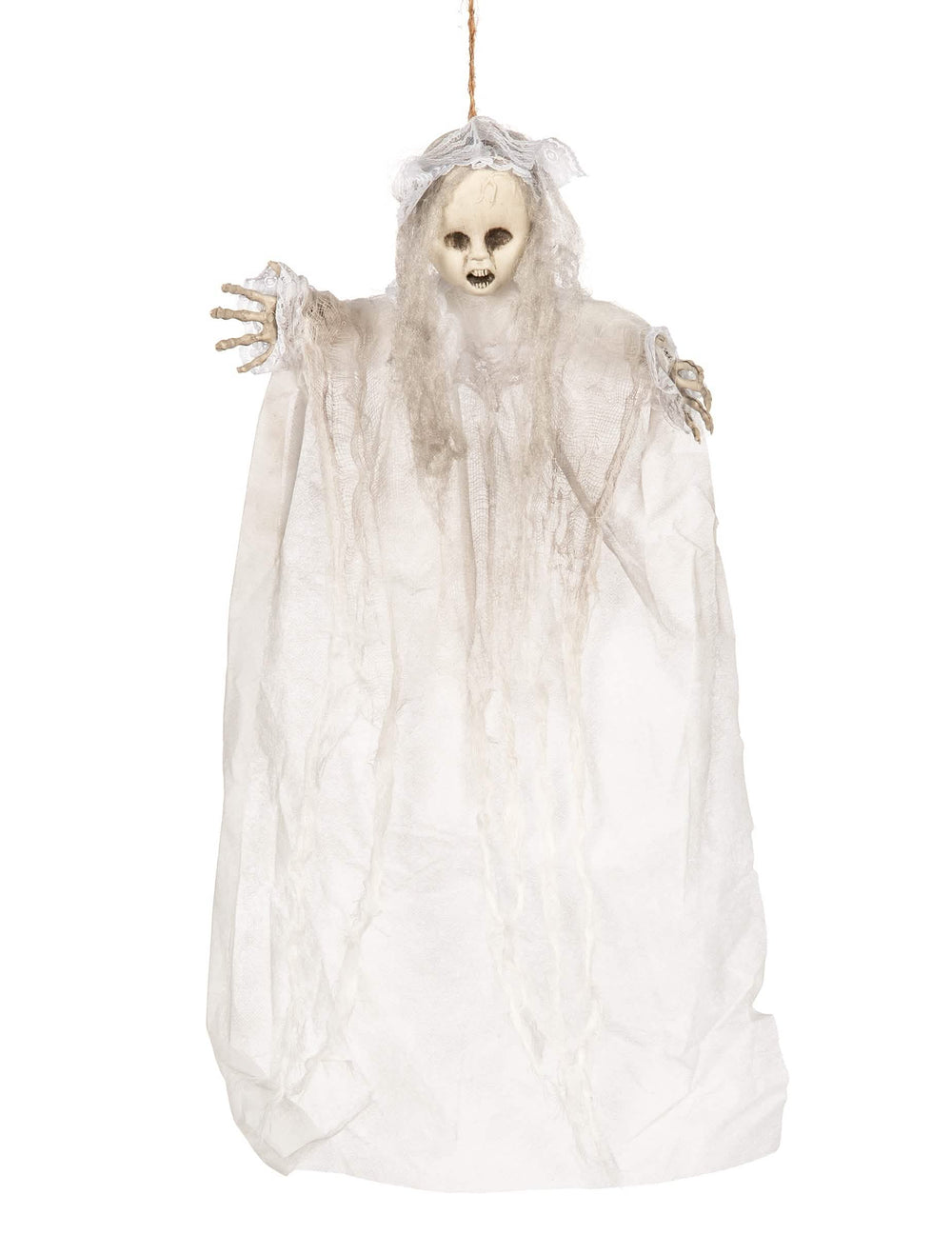 Décoration à suspendre poupon fantôme pour Halloween blanche avec dentelle et voilage