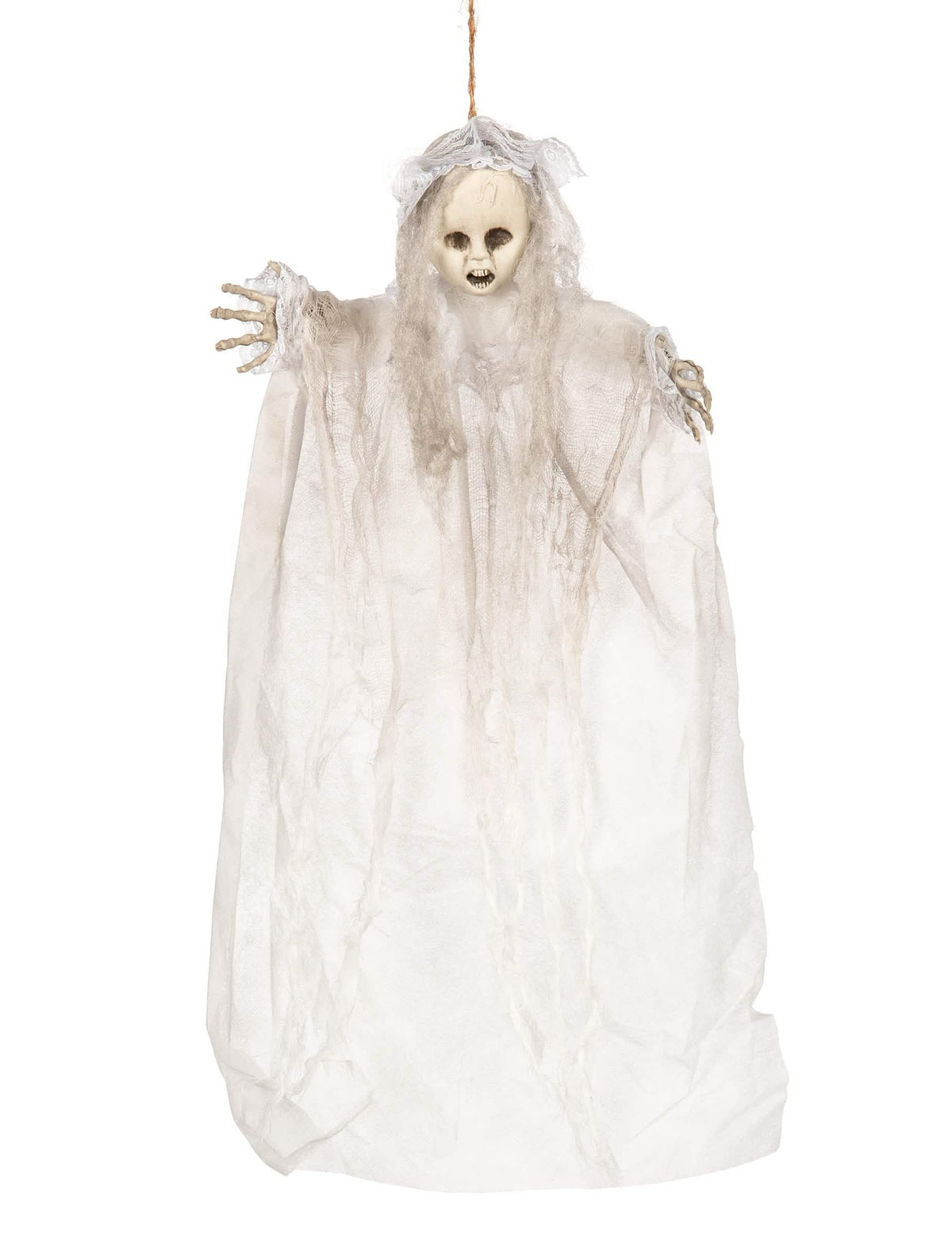 Décoration à suspendre poupon fantôme pour Halloween blanche avec dentelle et voilage