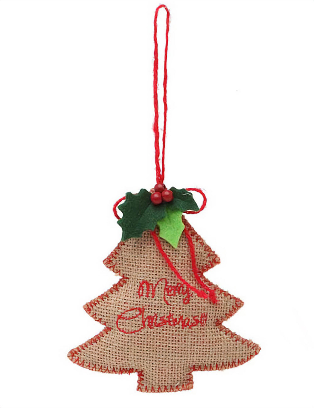 Suspension sapin Merry Christmas pour décoration de fête en tissu de jute beige et rouge