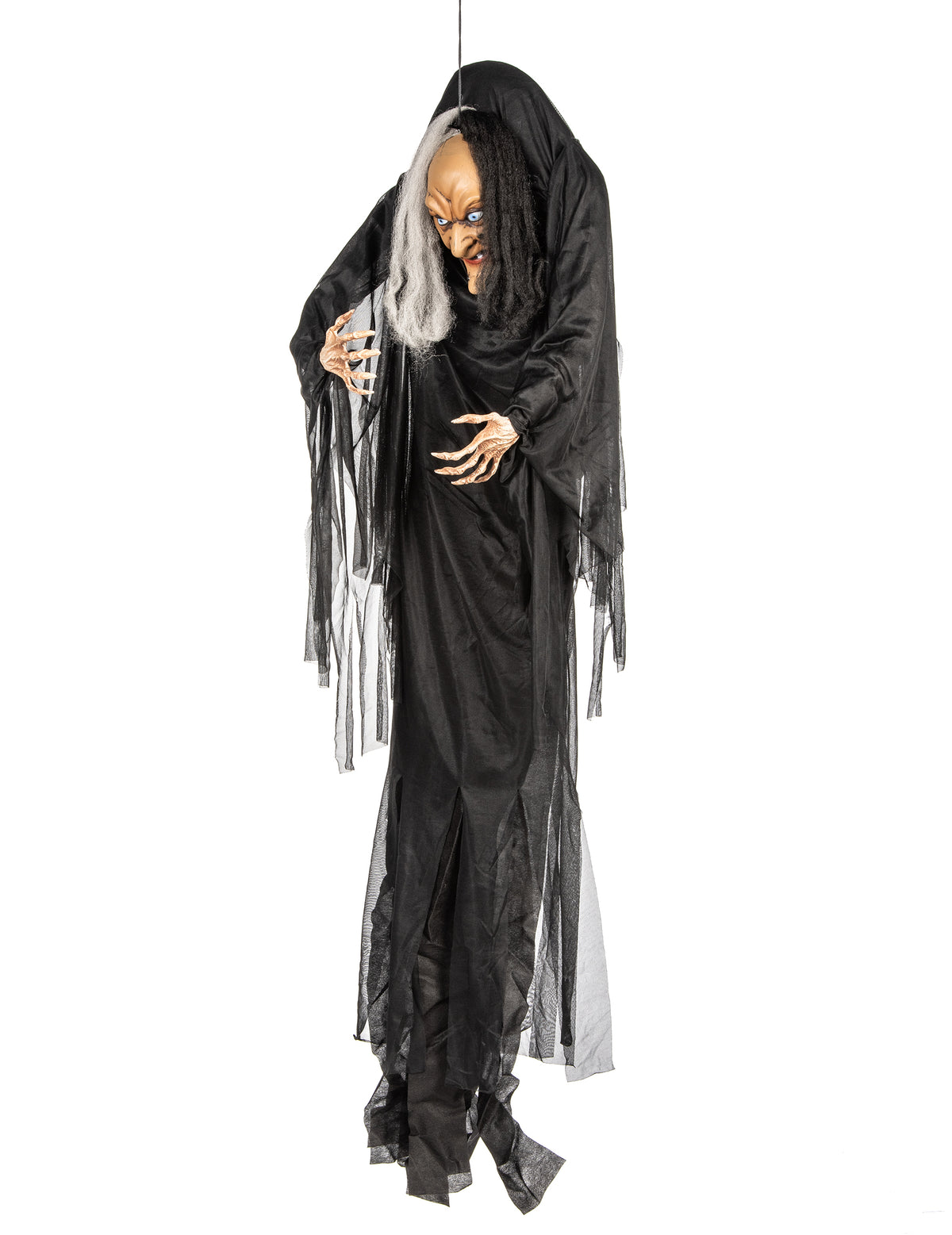 Vue de profil de la décoration à suspendre sorcière pour Halloween noire et blanche