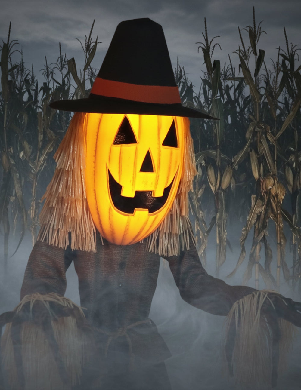 Gros plan sur le visage illuminé et le chapeau de la décoration animée Citrouille Jack O'Lantern