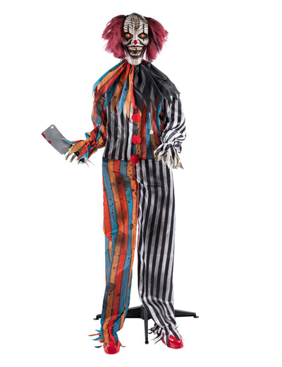 Décoration animée clown boucher maléfique multicolore et rayée avec hachoir sanglant