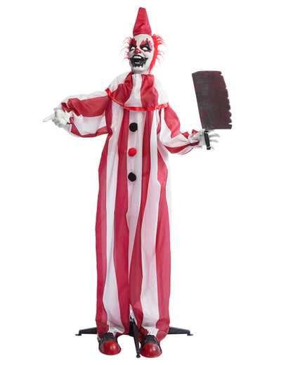 Décoration animée clown maléfique pour Halloween rouge et blanc avec mouvements et hachoir
