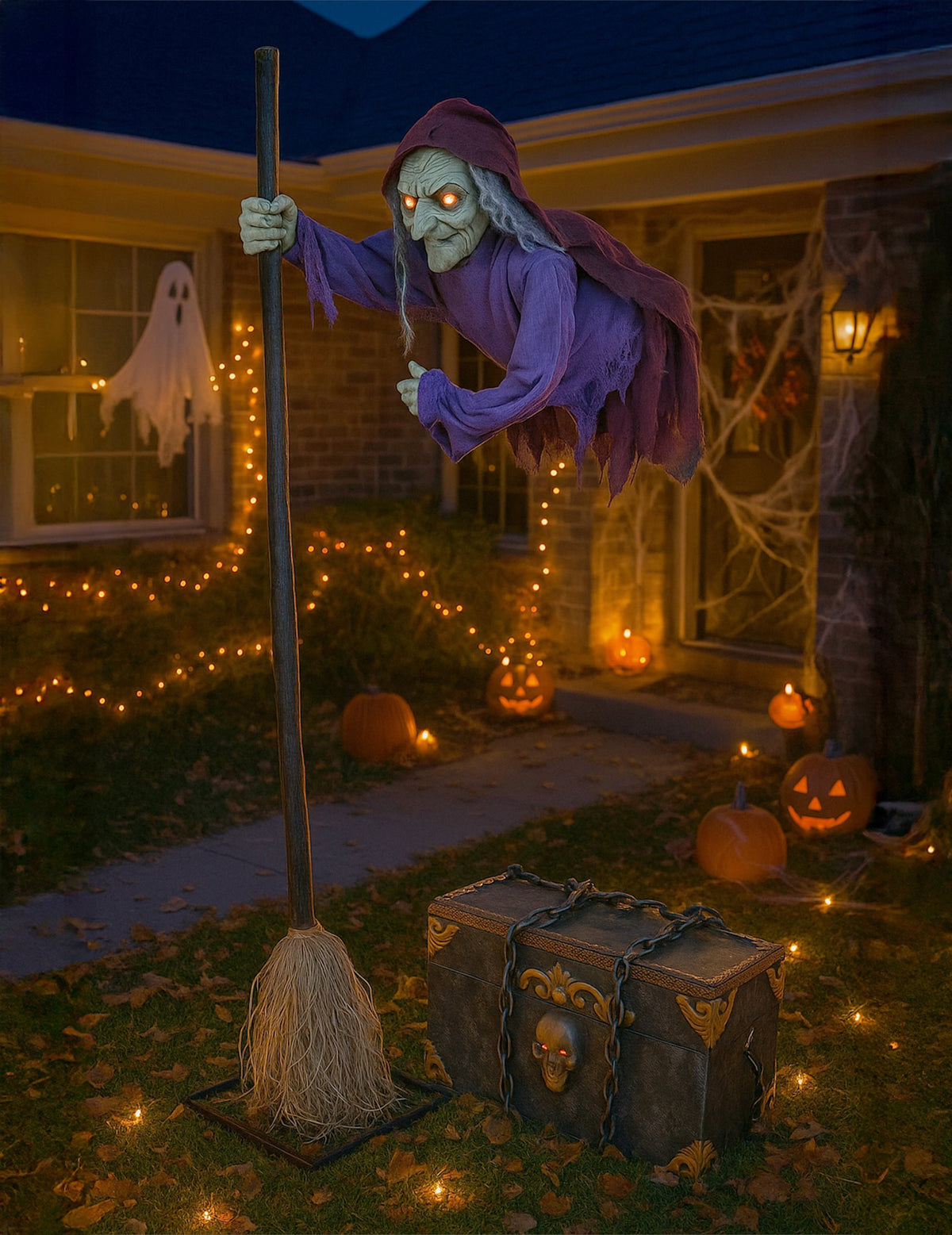 Décoration animée sorcière planante pour Halloween violette avec yeux lumineux et balai