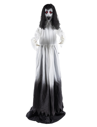 Décoration animée veuve fantomatique pour Halloween blanche et noire aux yeux rouges