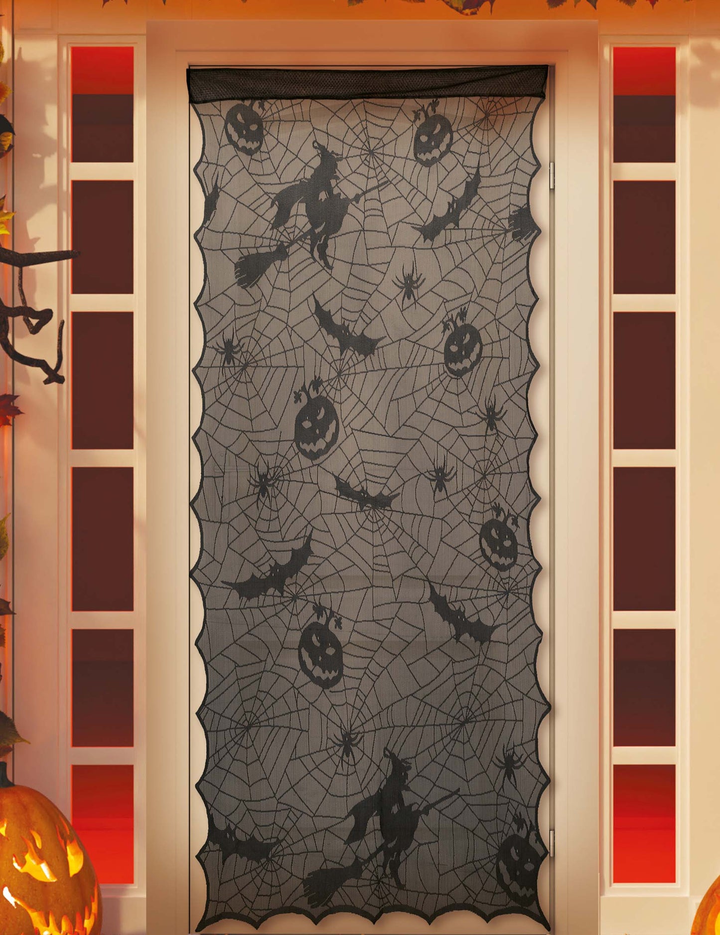 Décoration de porte en dentelle Halloween pour adulte noire avec motifs de sorcières et citrouilles