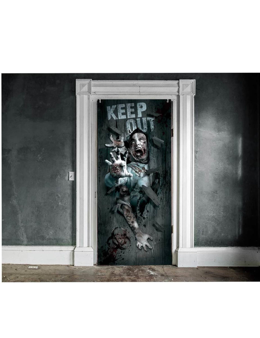 halloween-zombie-harmaa ovikoriste viestillä Keep Out ja veriset kädet