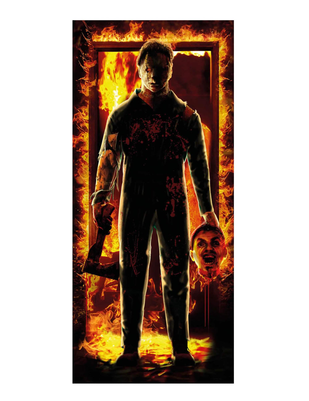 Décoration de porte tueur film d'horreur pour Halloween avec flammes et hache