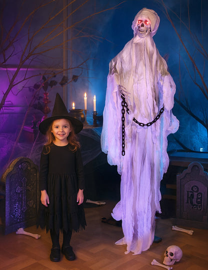 Décoration debout fantôme enchainé pour Halloween blanc aux yeux rouges et chaînes