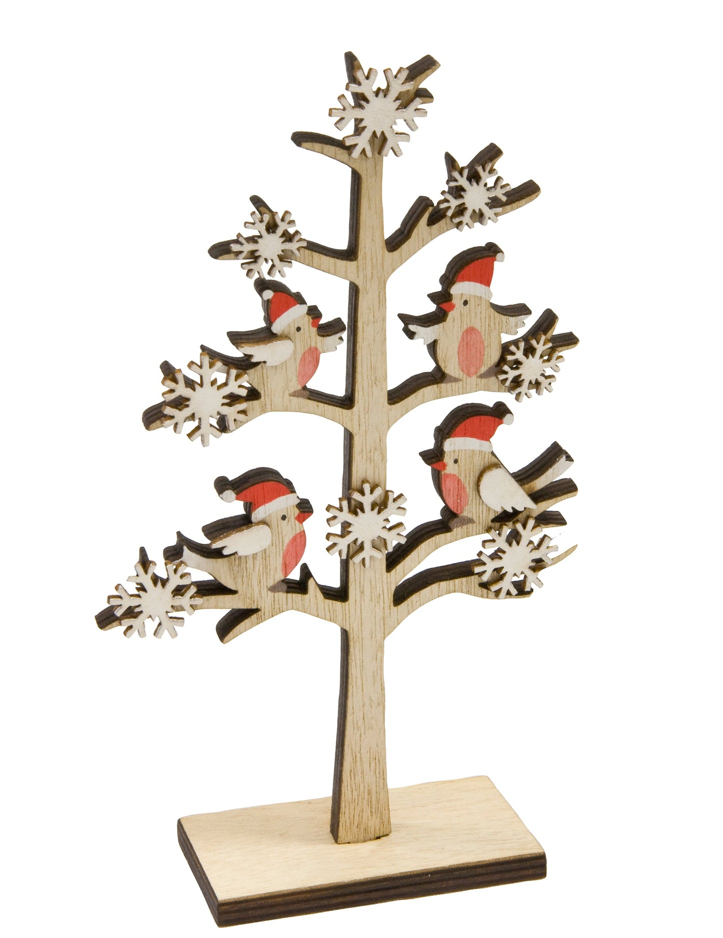 Décoration en bois arbre avec oiseaux perchés et flocons pour Noël bois naturel et rouge