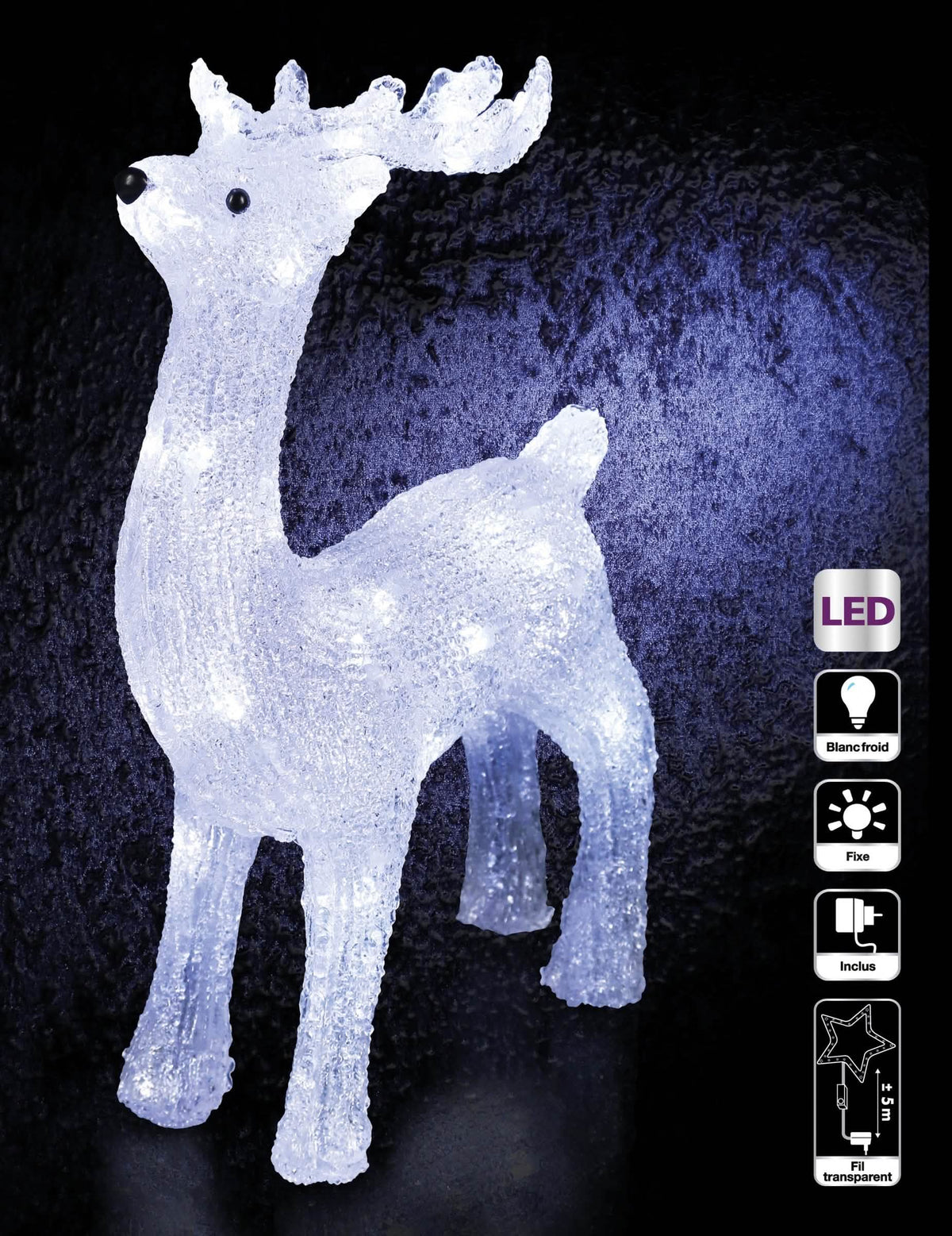 Vue illuminée de la décoration lumineuse renne