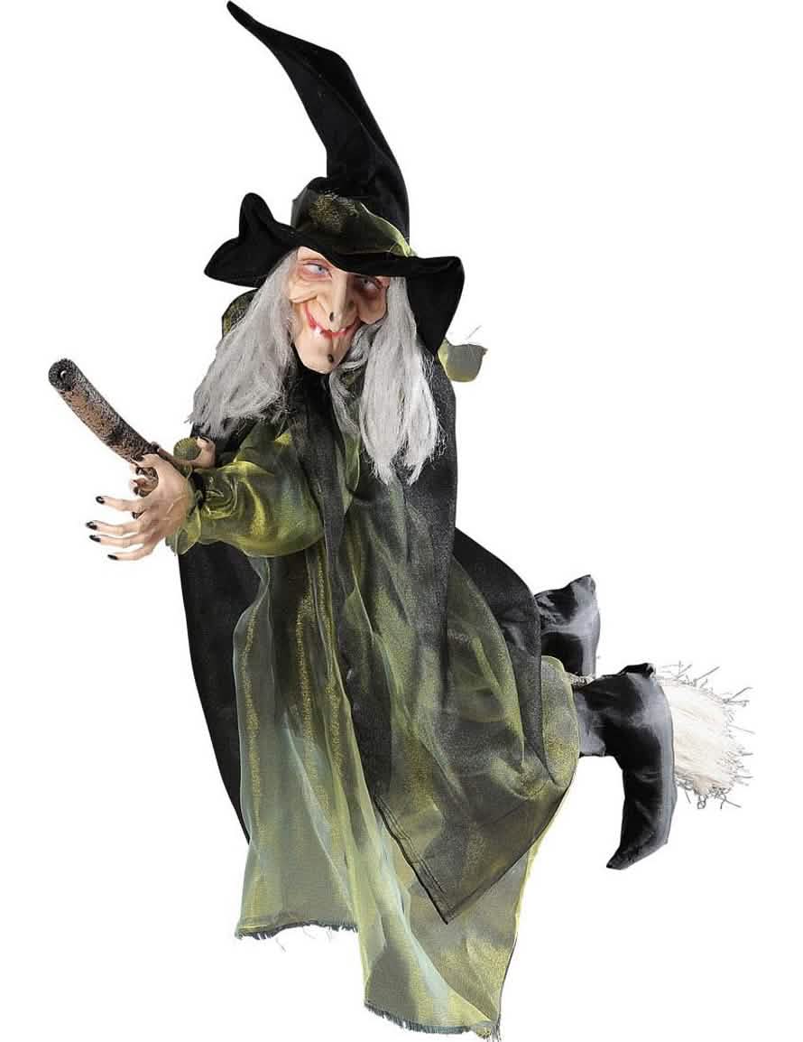 Décoration sorcière volante sur balai pour halloween noire et verte